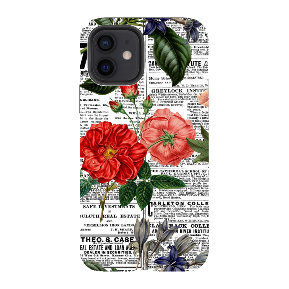 iPhone tough case featuring a vintage newsprint background with vibrant red and blue floral illustrations.