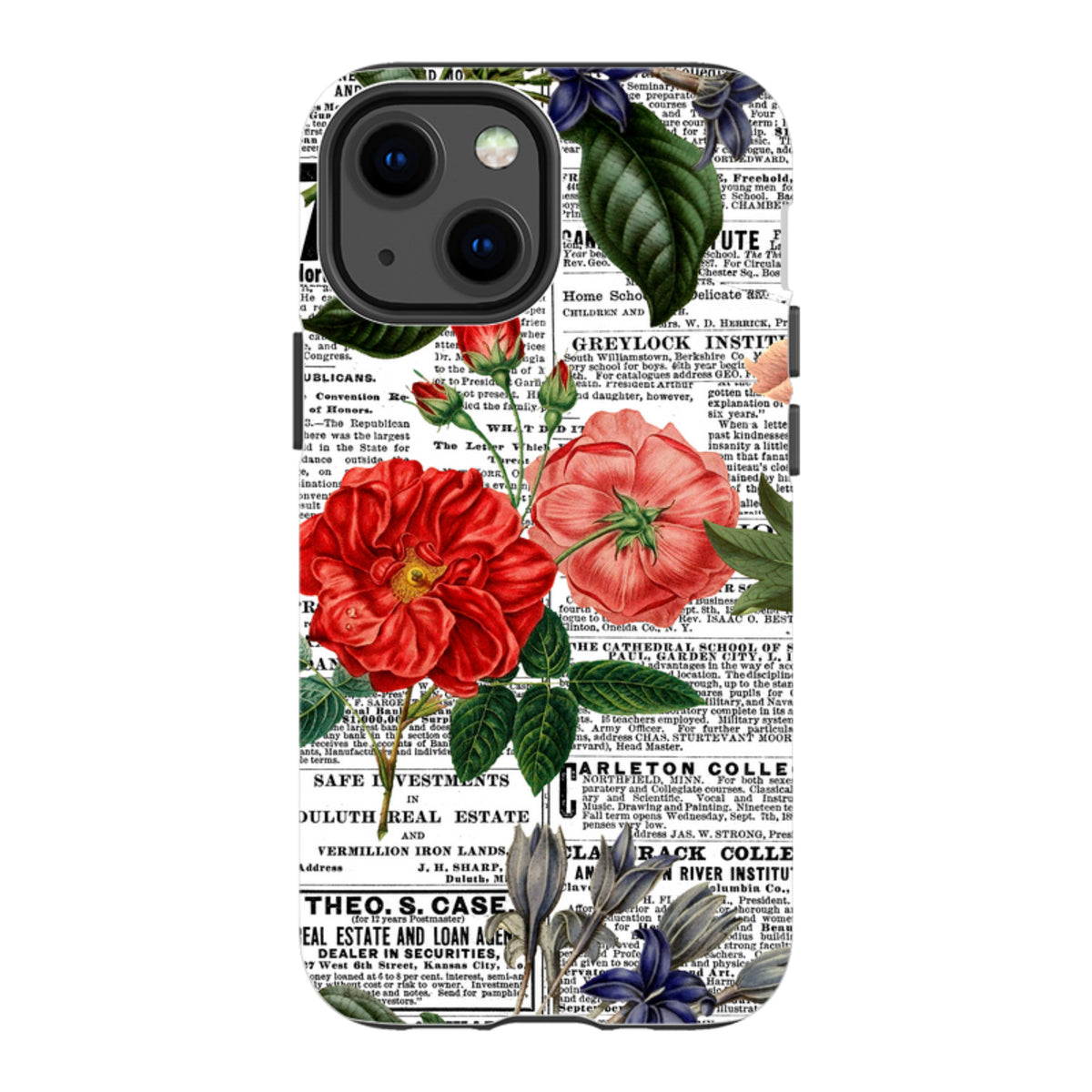 iPhone tough case with vintage newsprint background and vibrant red floral illustrations, featuring a dual-layer design.