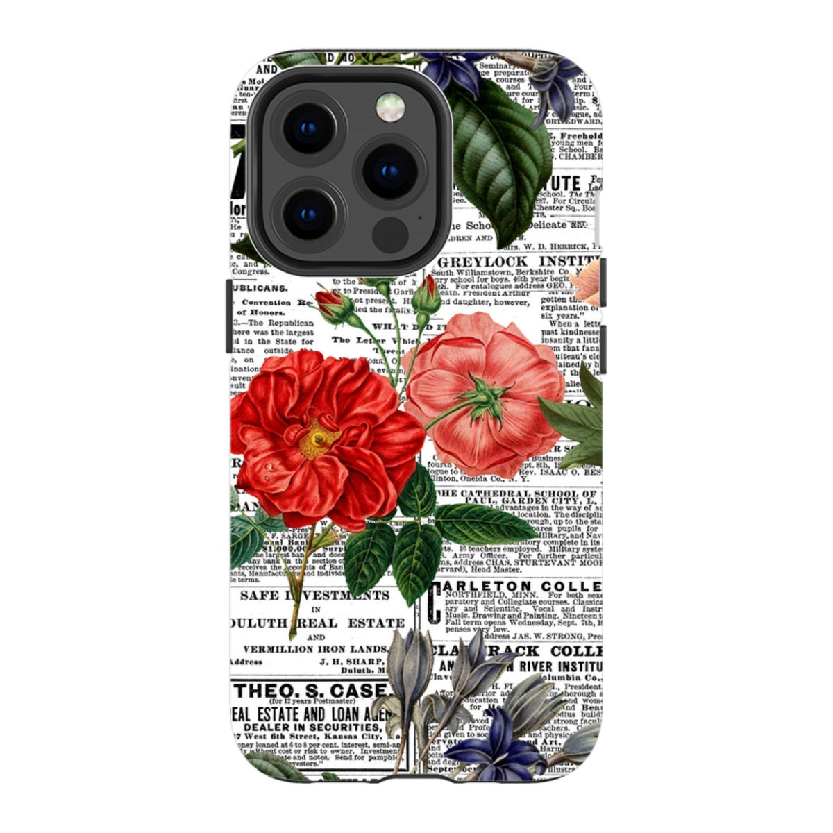 iPhone tough case featuring a vintage newsprint background with vibrant red, pink, and blue floral illustrations.