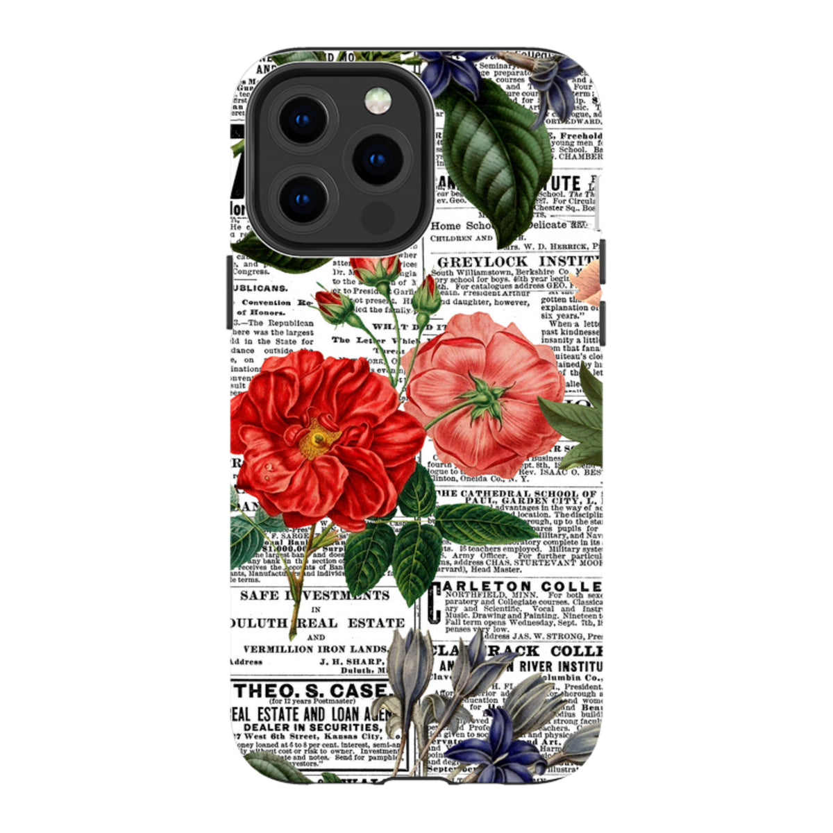 iPhone tough case featuring a vintage newsprint background with vibrant red and blue floral illustrations.