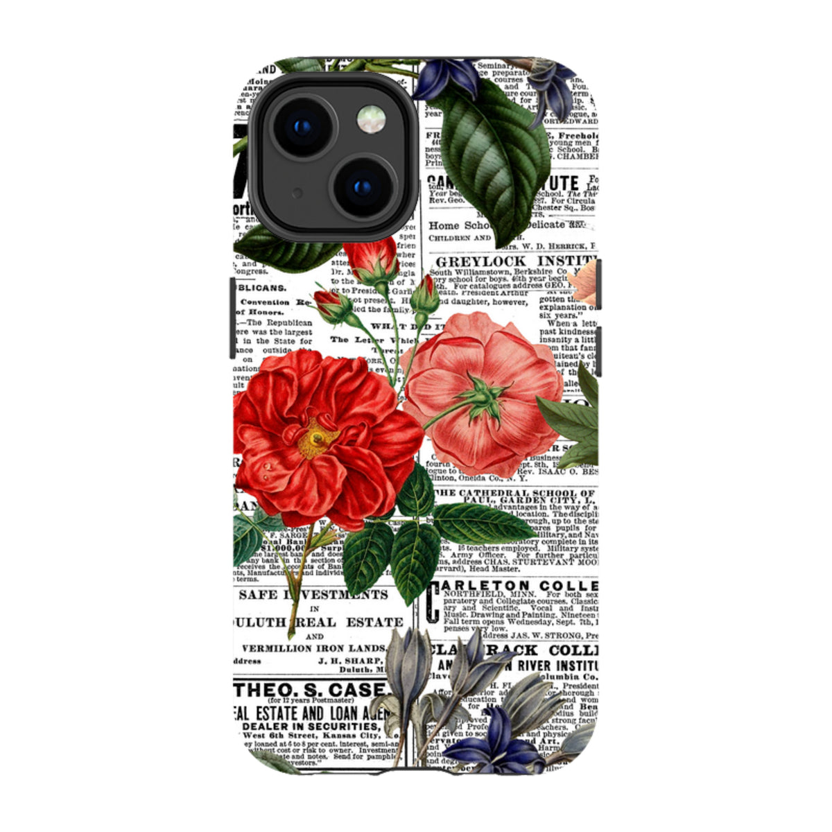 iPhone tough case with vintage newsprint background and vibrant red and blue floral illustrations.
