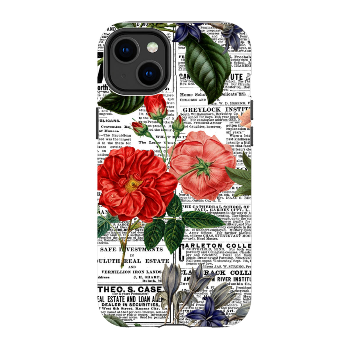 iPhone tough case featuring a vintage newsprint background with vibrant red and blue floral illustrations.