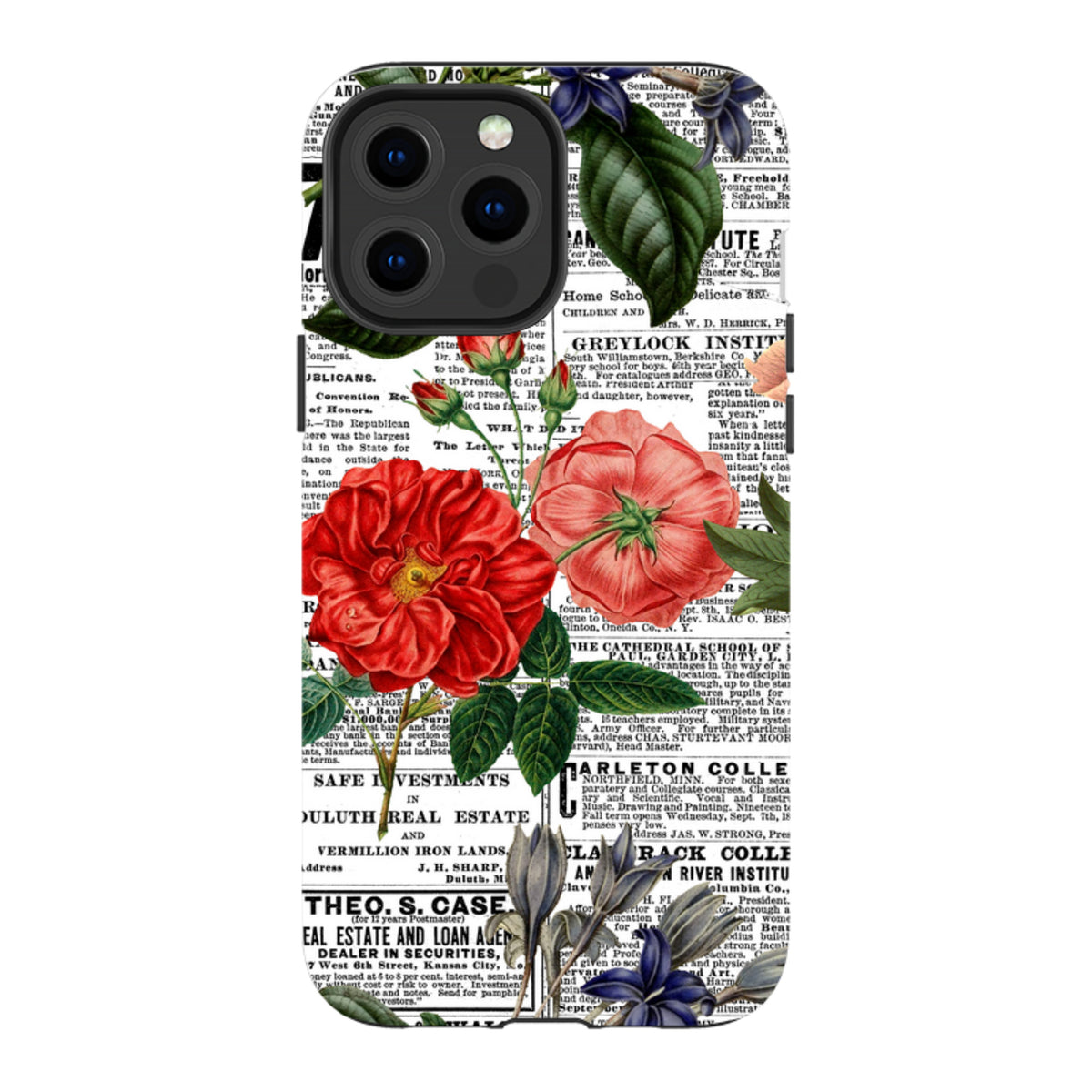 iPhone Tough Case featuring vibrant red and pink floral illustrations layered over a vintage black and white newsprint background.
