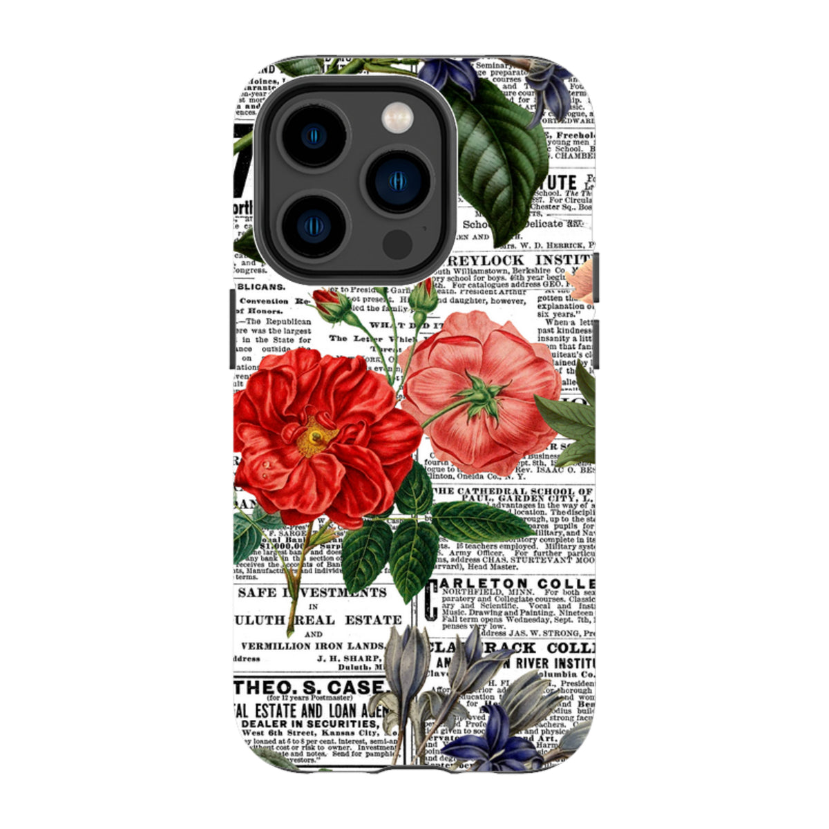iPhone tough case featuring vibrant red floral illustrations over a vintage black and white newsprint background.