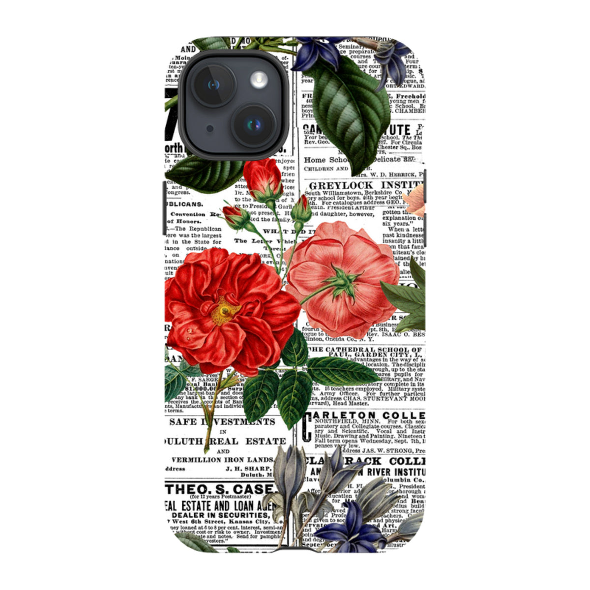 iPhone tough case featuring red floral illustrations layered over a vintage black and white newsprint background.