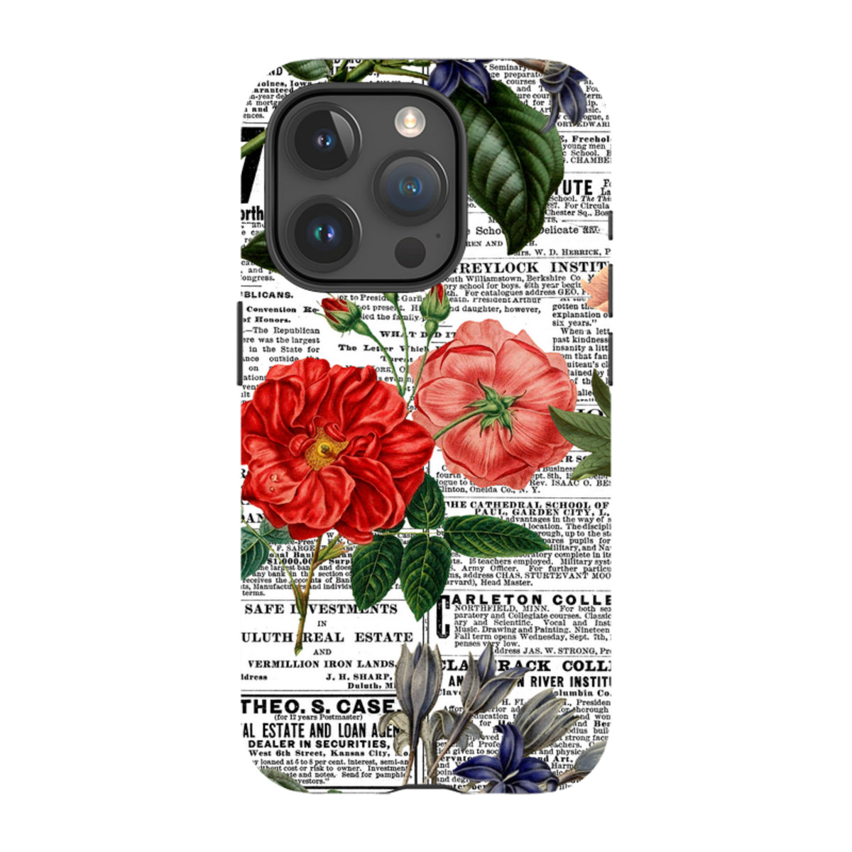 iPhone tough case featuring red and blue floral illustrations over a vintage black and white newsprint background.