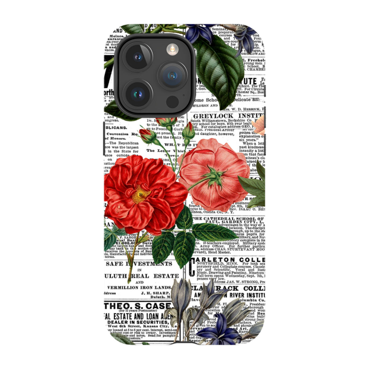 iPhone tough case featuring a vintage newsprint background with vibrant red and blue floral illustrations.