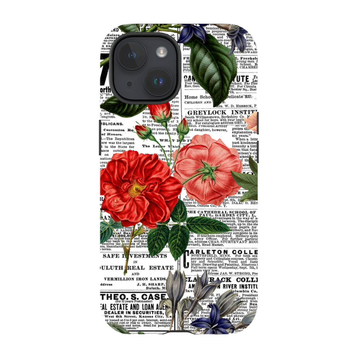 iPhone tough case with vintage newsprint background and vibrant red and blue floral illustrations.