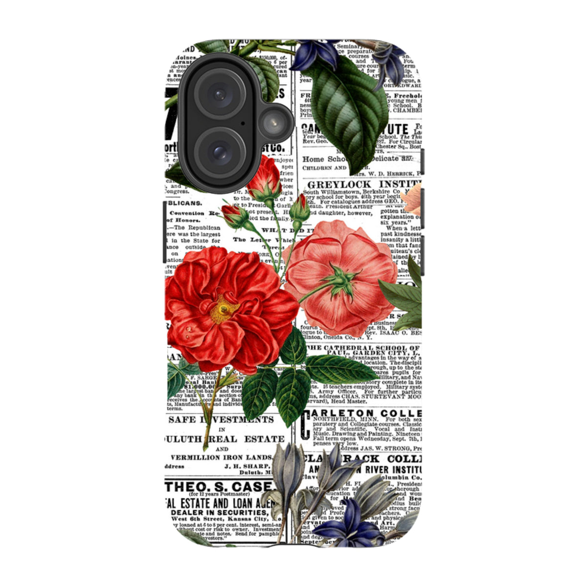 iPhone tough case featuring a vintage newsprint background with vibrant red and blue floral illustrations.