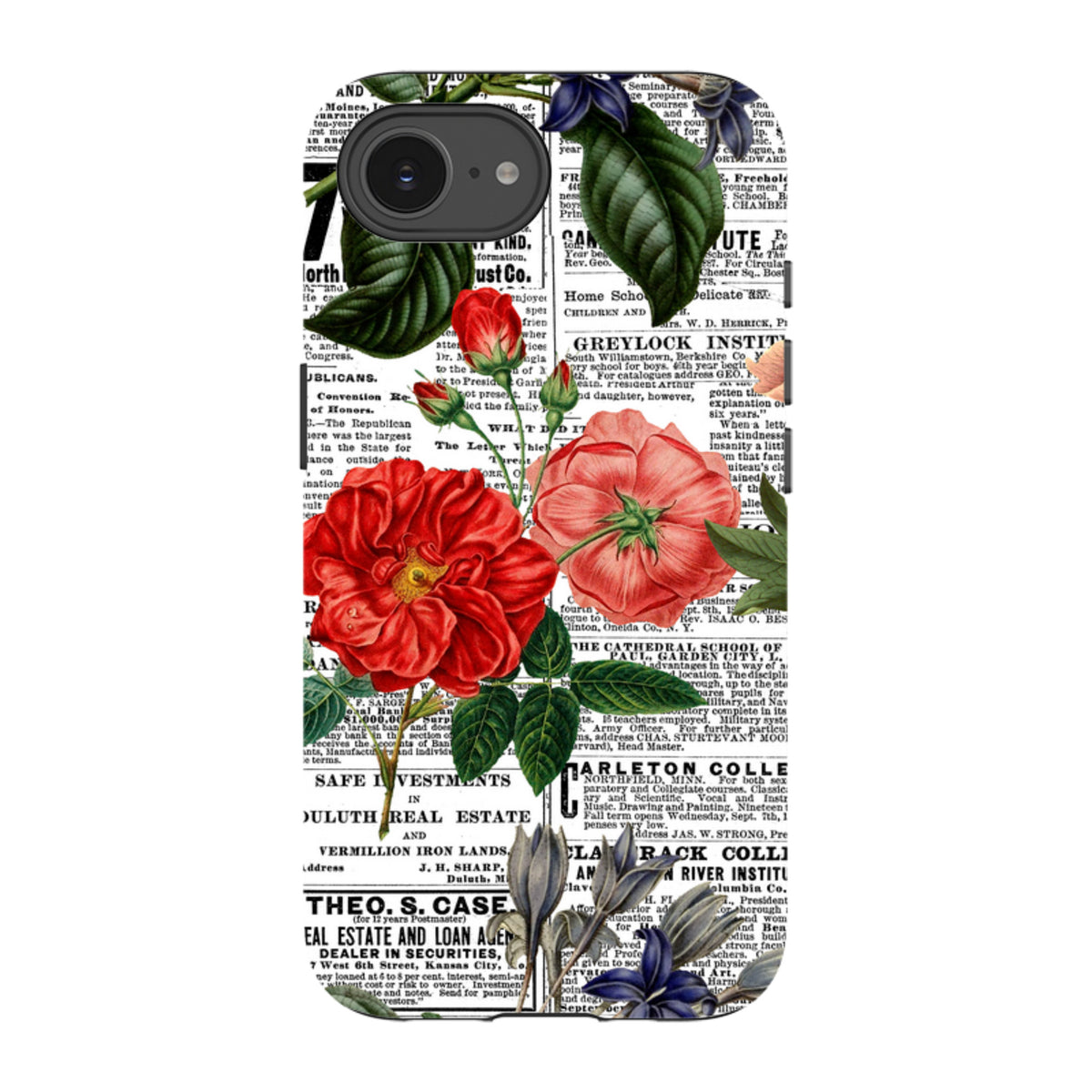 iPhone tough case featuring red and blue floral illustrations over a vintage black and white newsprint background.