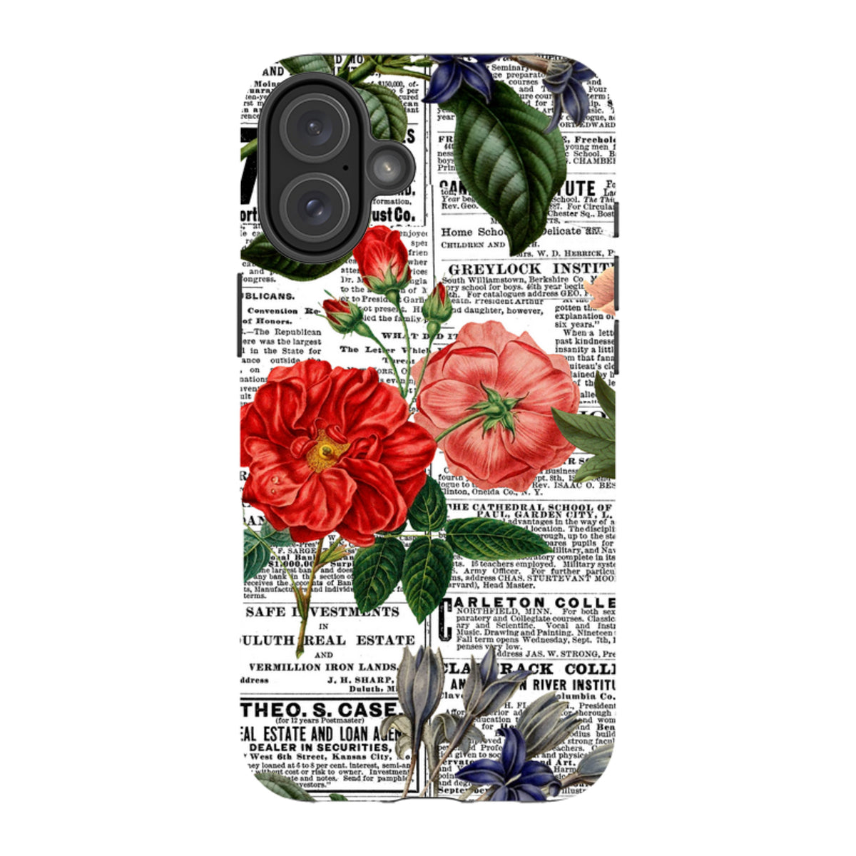 iPhone tough case featuring a vintage newsprint background with vibrant red and blue floral illustrations.