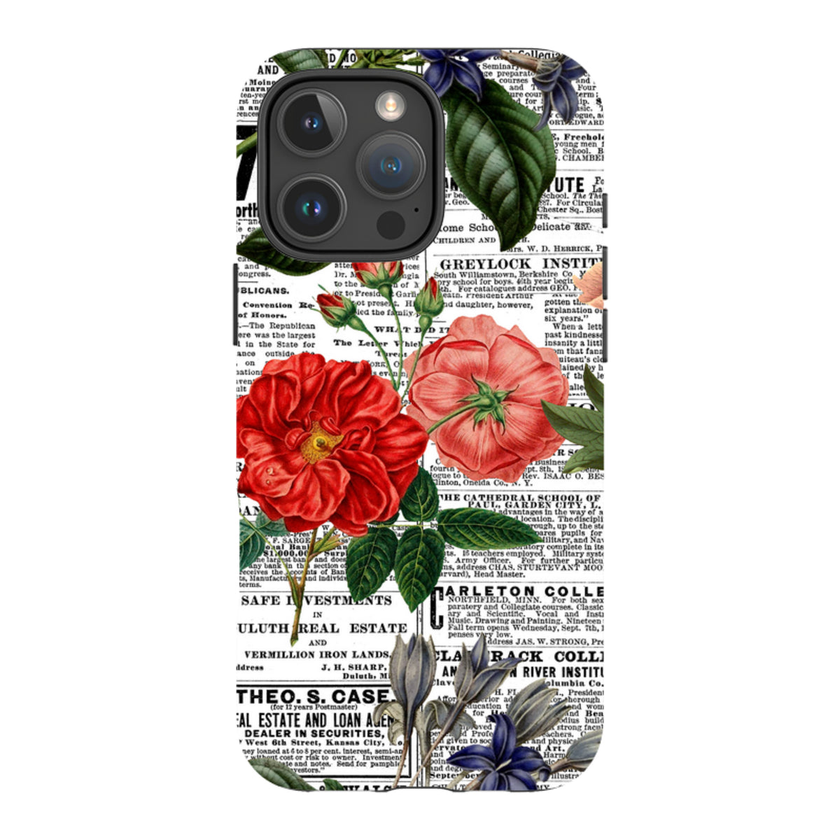 iPhone tough case featuring a vintage newsprint background with vibrant red and blue floral illustrations.