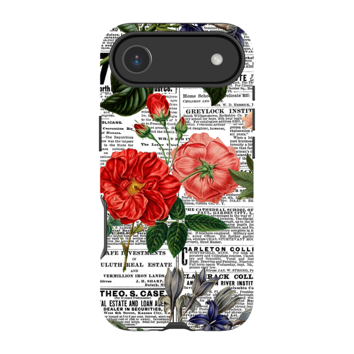 iPhone tough case featuring a vintage newsprint background with vibrant red and blue floral illustrations.