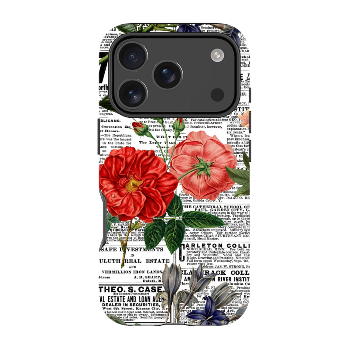 iPhone tough case featuring red and blue floral illustrations layered over a vintage black and white newsprint background.