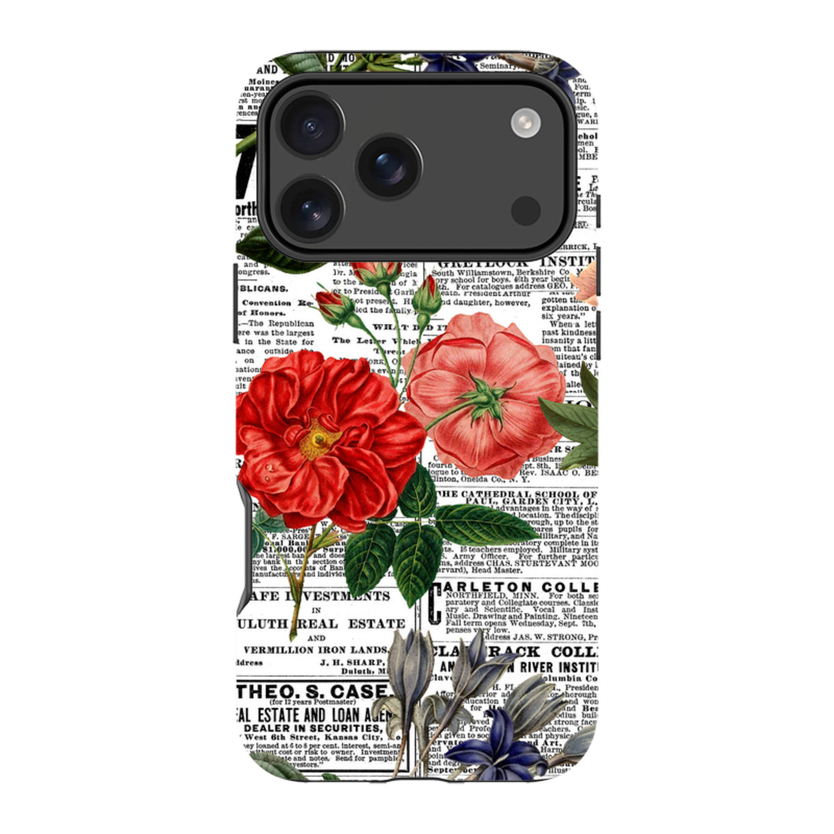 iPhone tough case featuring a vintage newsprint background with vibrant red and blue floral illustrations.