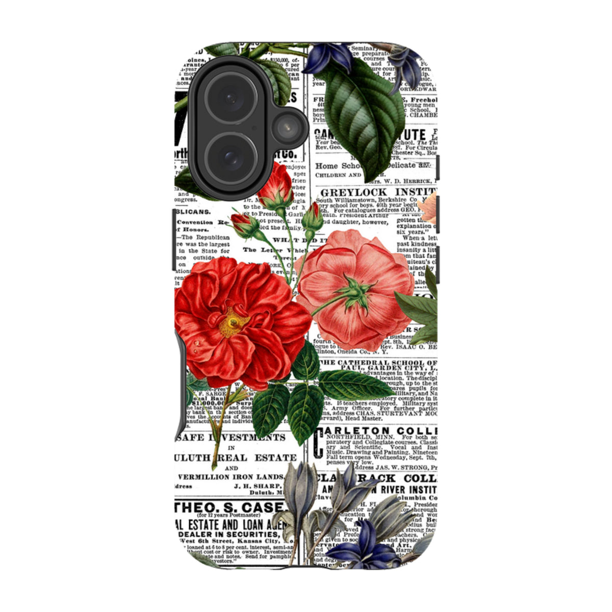 iPhone tough case featuring a vintage newsprint background with vibrant red and pink floral illustrations.