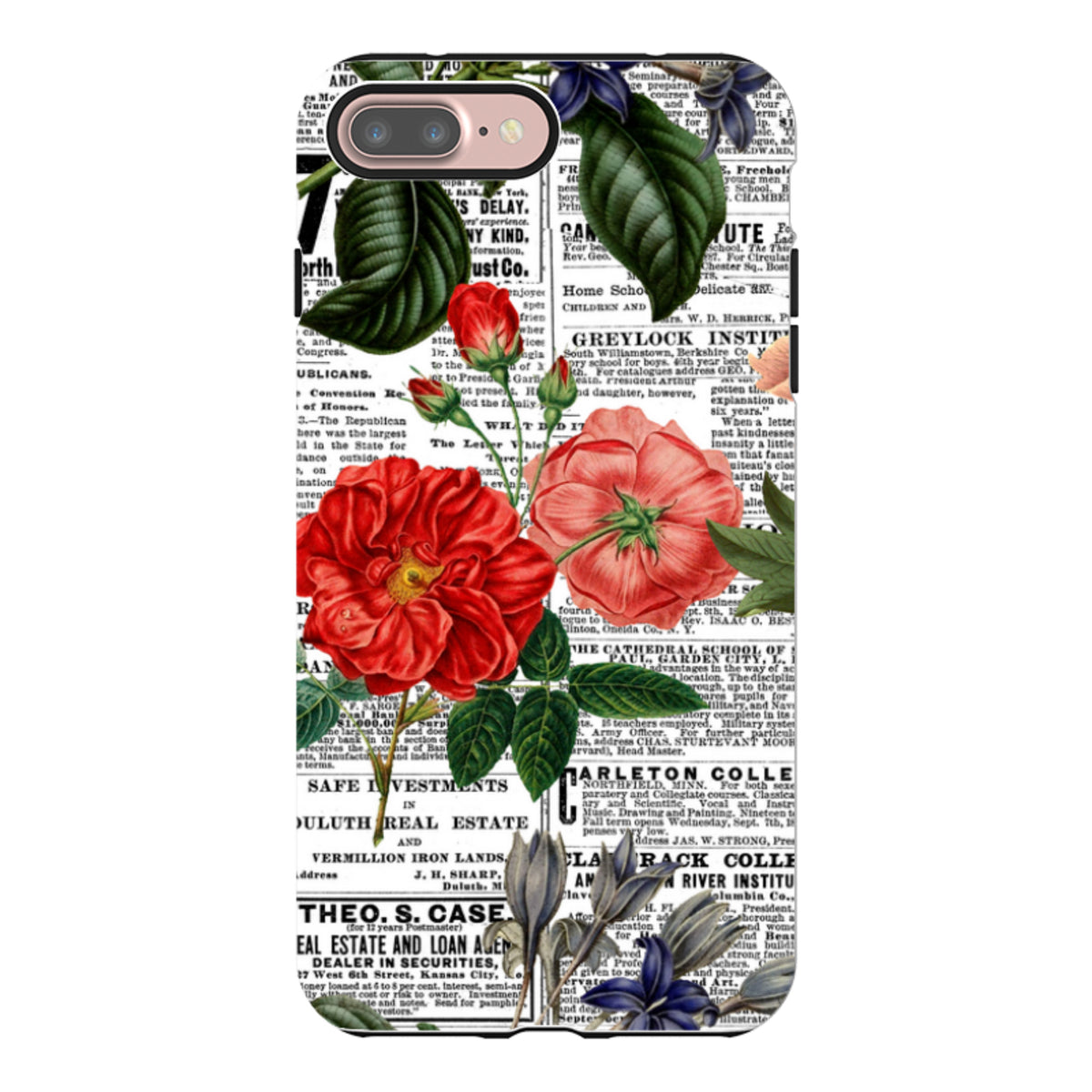 iPhone tough case featuring a vintage newsprint background overlaid with vibrant red and blue floral illustrations.
