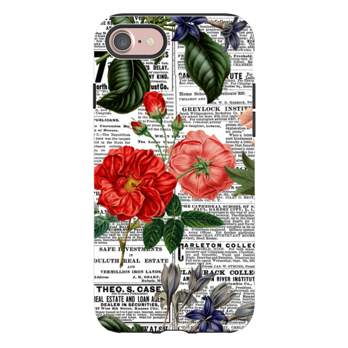 iPhone tough case featuring a vintage newsprint background with vibrant red roses and green leaves.