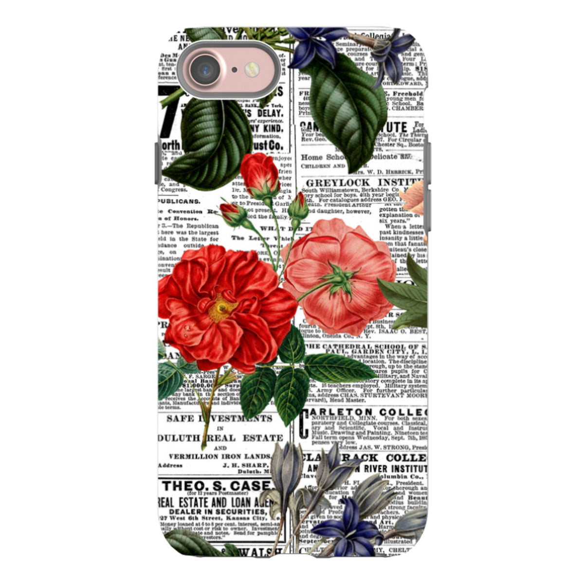iPhone tough case featuring a vintage newsprint background with vibrant red and blue floral illustrations.