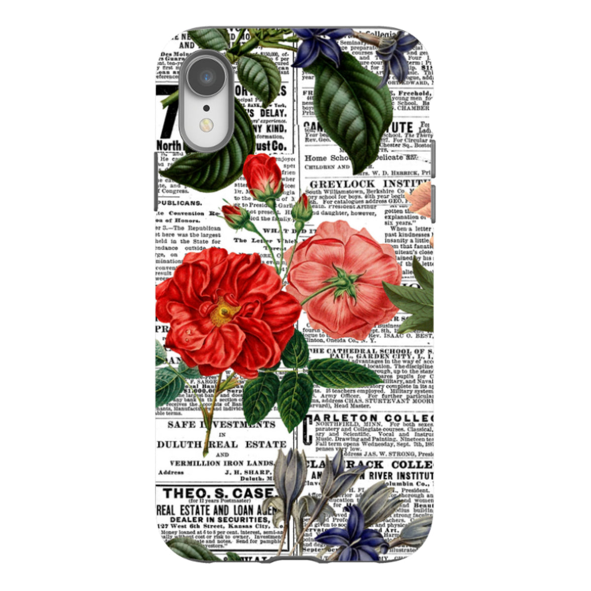 iPhone tough case featuring a vintage newsprint background with vibrant red roses and green leaves.