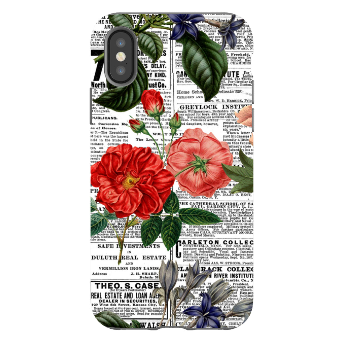 iPhone tough case with vintage newsprint background and vibrant red and blue floral illustrations.