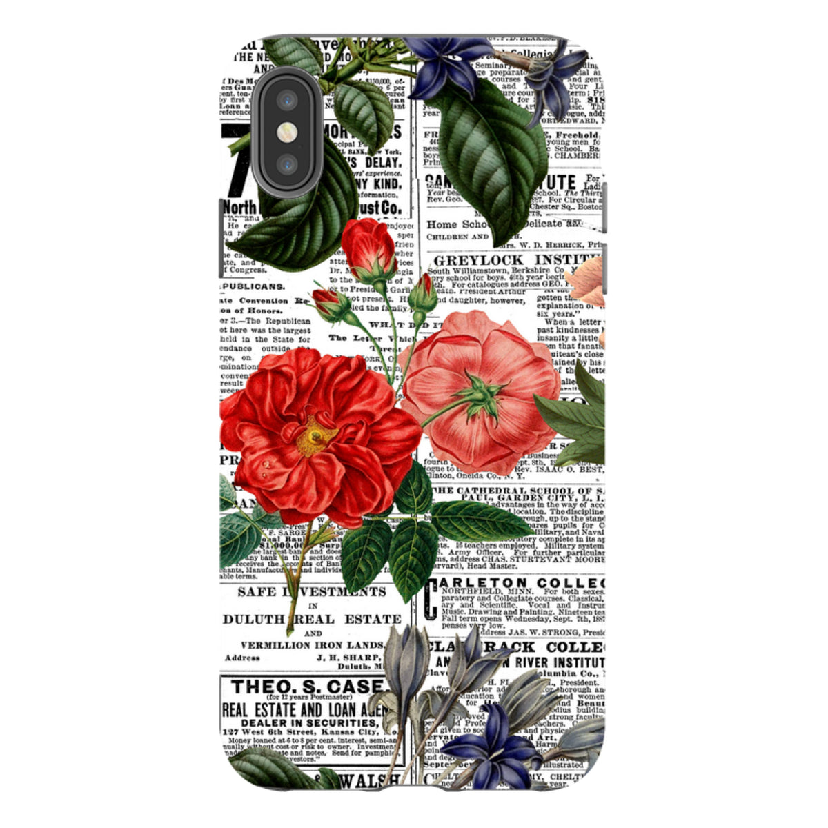 iPhone tough case featuring a vintage newsprint background with vibrant red and purple floral illustrations.