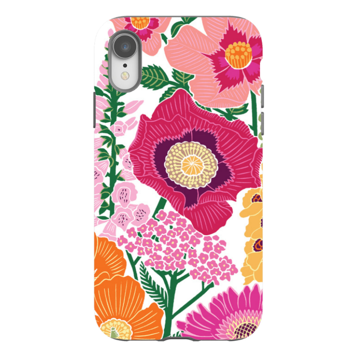 iPhone tough case featuring Kate Heiss's vibrant Flower Garden print with colorful floral patterns on a white background.