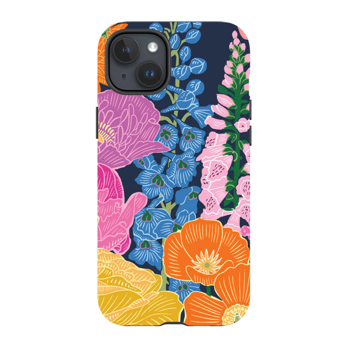 iPhone tough case featuring a vibrant navy floral garden print with colorful poppies and foxgloves by Kate Heiss.
