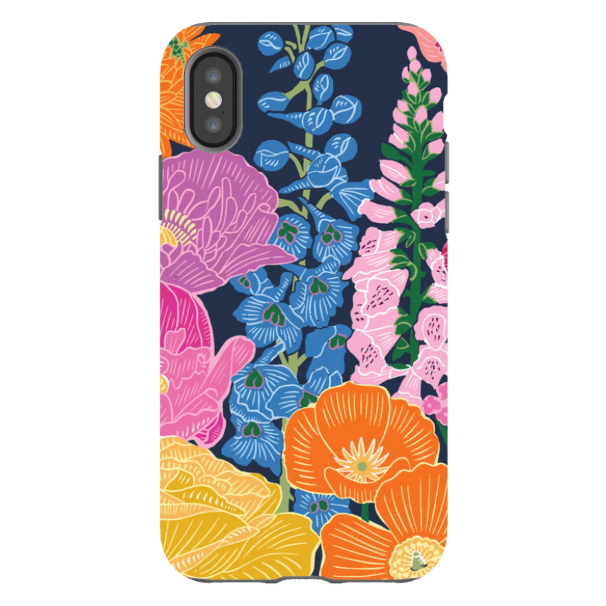 iPhone tough case with a vibrant navy floral garden print by Kate Heiss, featuring dual-layer protection and camera cutout.