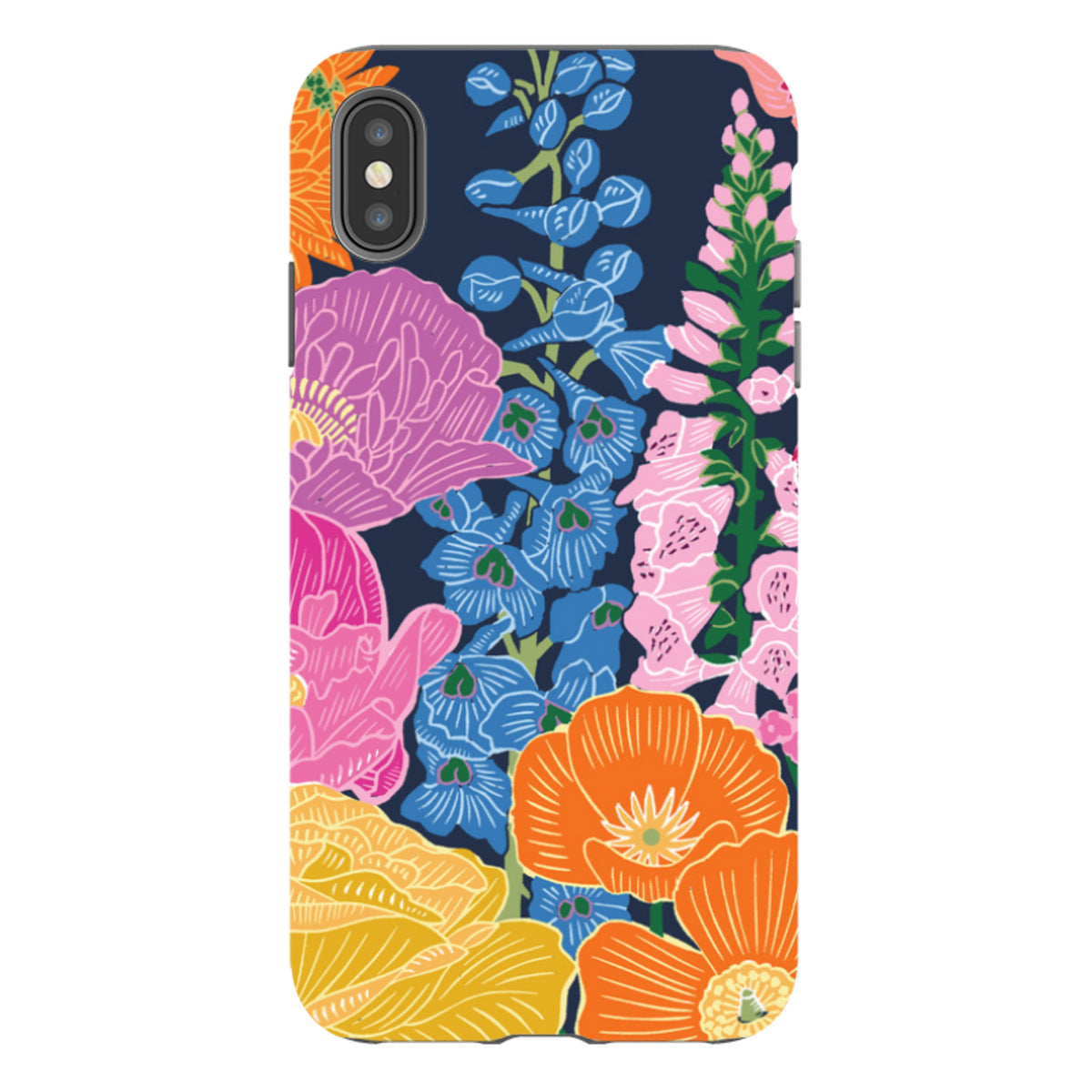 iPhone tough case with a navy background and vibrant floral garden print by Kate Heiss, featuring dual-layer protection.