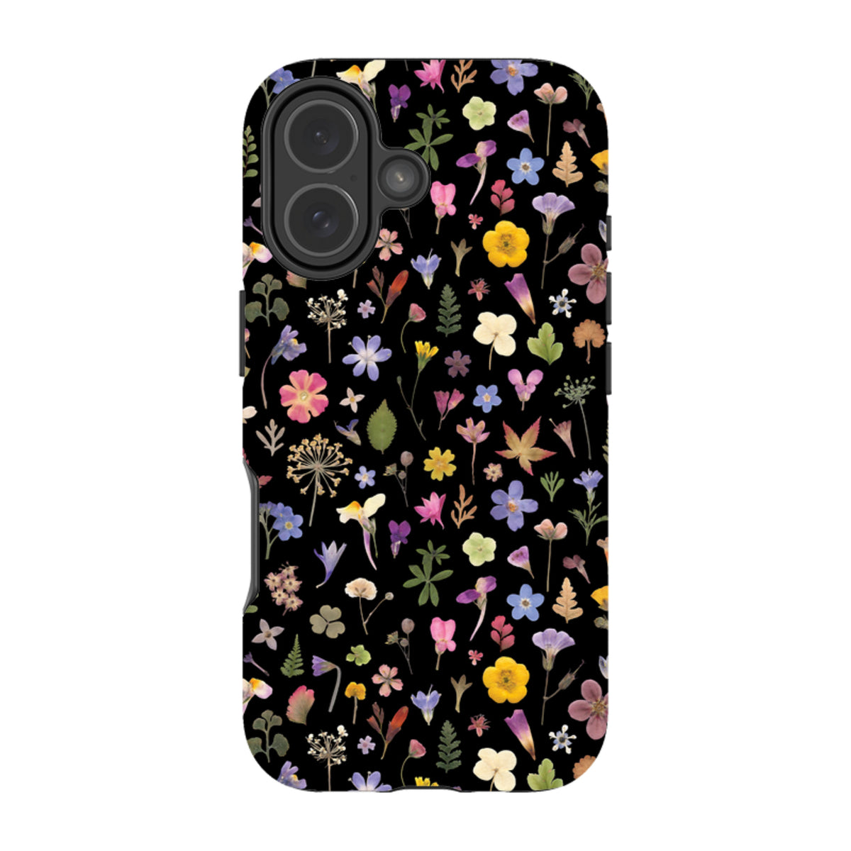 iPhone tough case featuring a colorful pressed flower meadow pattern on a black background with dual-layer protection.