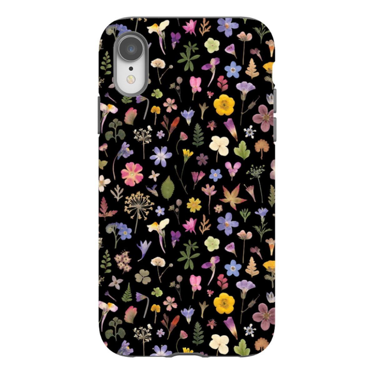 iPhone tough case featuring a colorful pressed flower meadow pattern on a black background with dual-layer protection.
