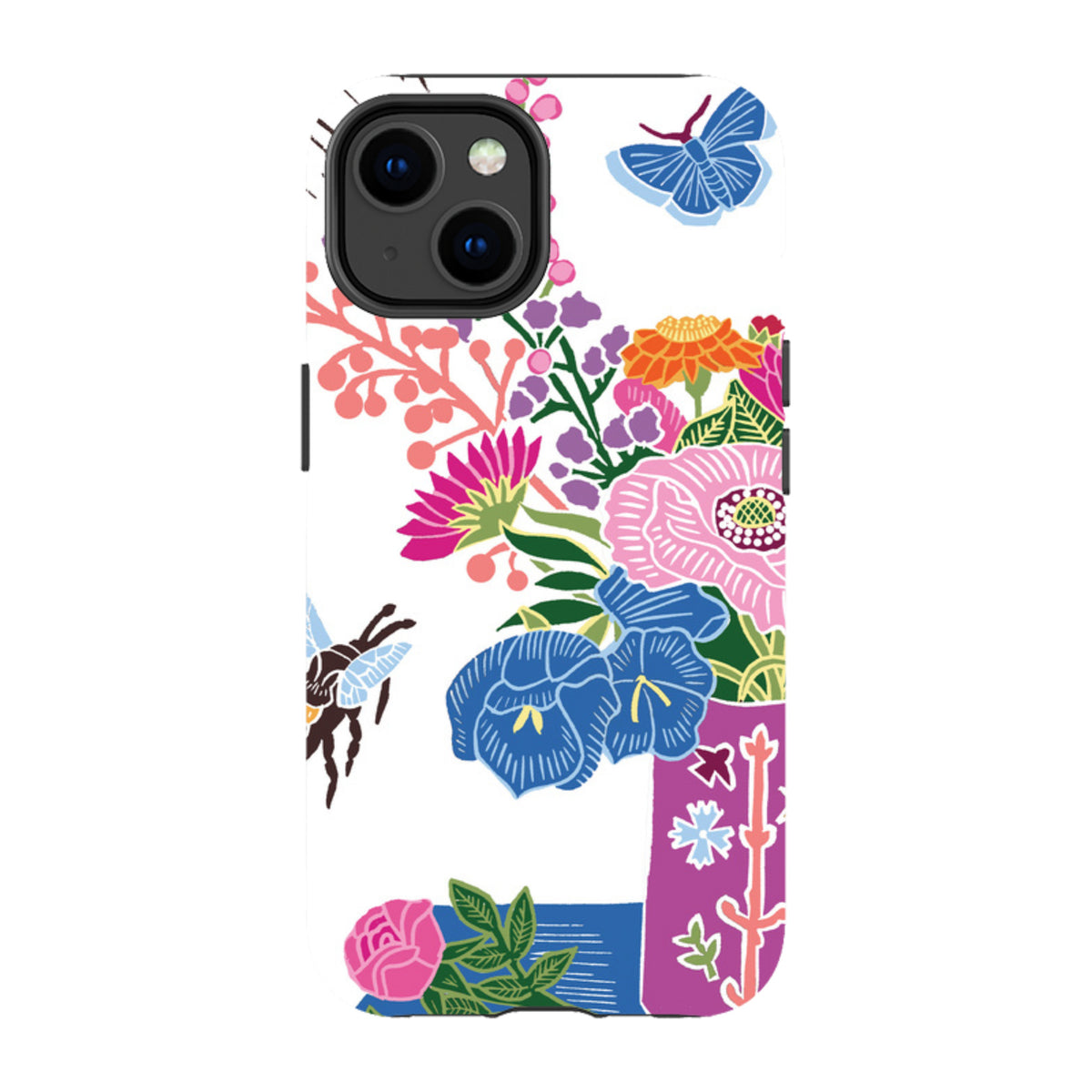 iPhone tough case featuring Kate Heiss floral vase artwork with colorful flowers, a butterfly, and a bee on white.