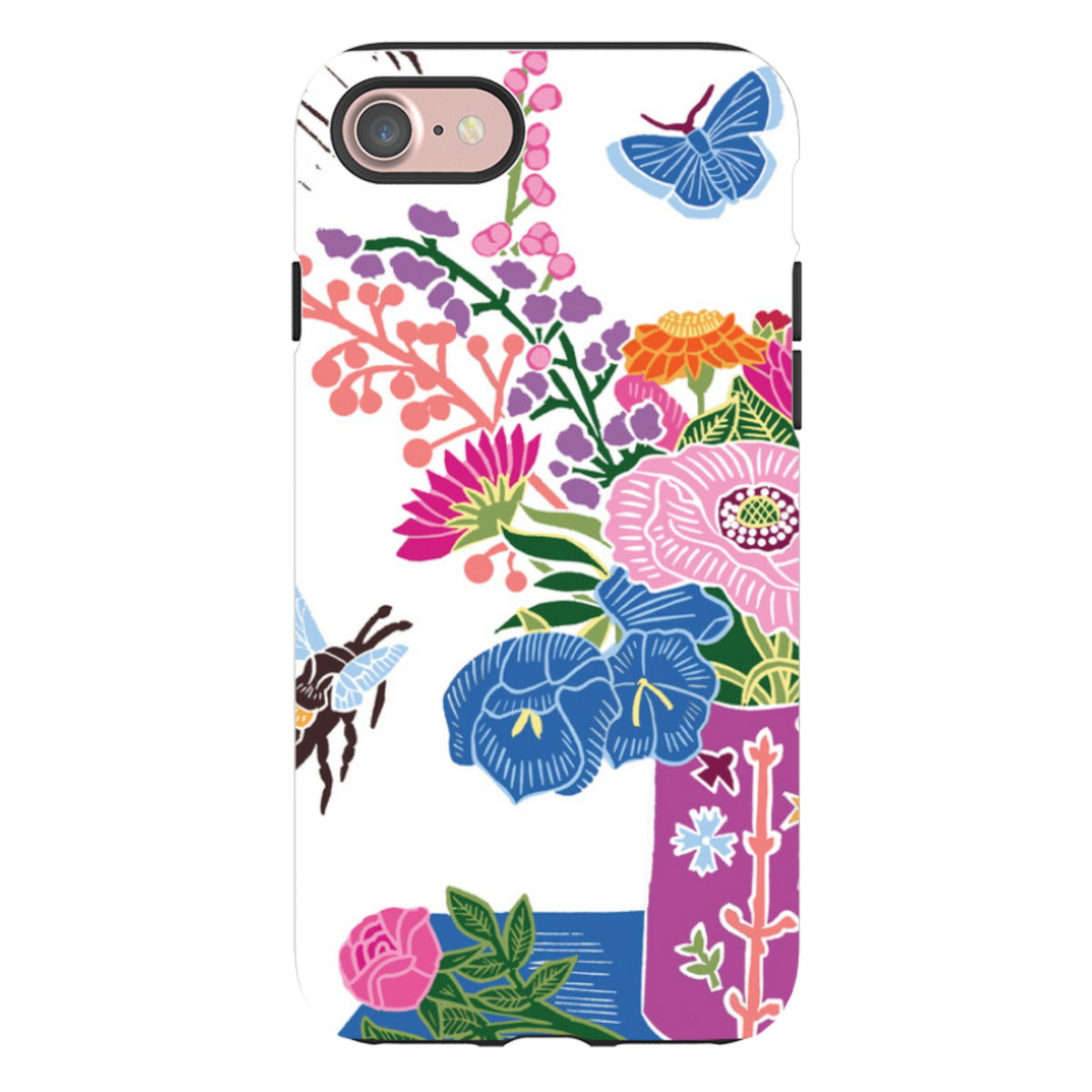 iPhone Tough Case featuring Kate Heiss floral vase artwork with a butterfly, bee, and vibrant colorful flowers on white.