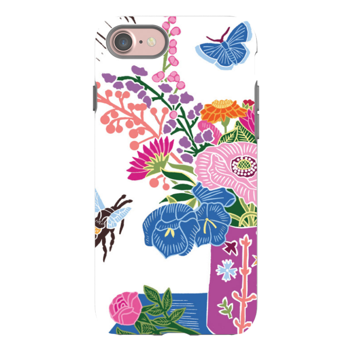 iPhone tough case featuring Kate Heiss floral vase artwork with vibrant flowers, a blue butterfly, and a bee on white.