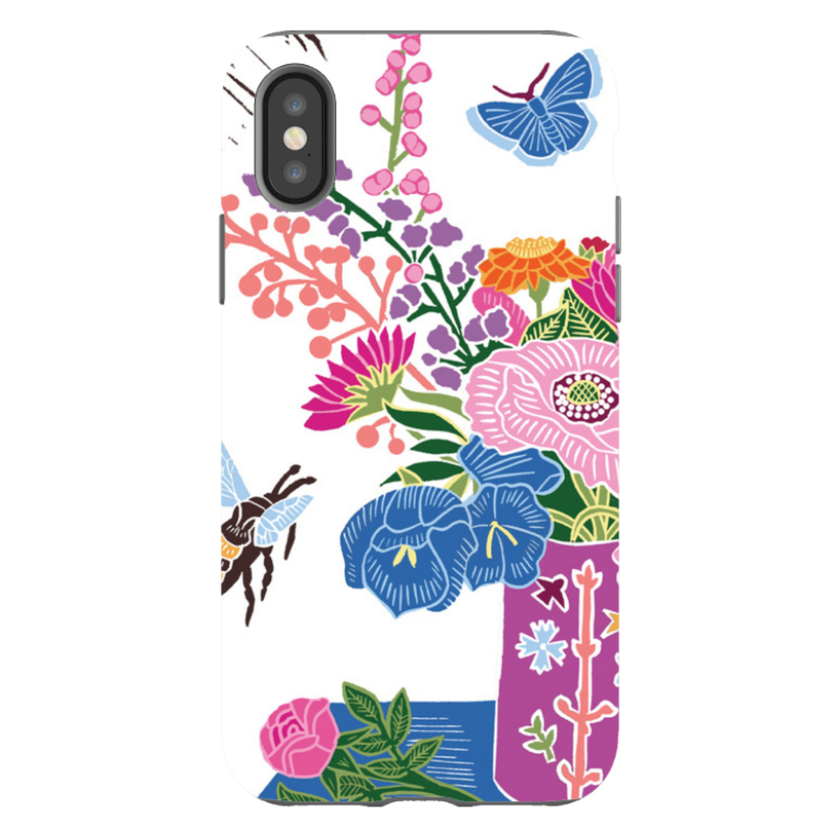iPhone tough case featuring Kate Heiss floral vase artwork with a butterfly, bee, and vibrant colorful botanical prints.