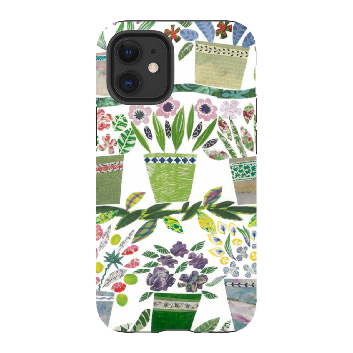 iPhone tough case featuring a colorful, artistic flowerpot pattern by Jane Robbins on a durable dual-layer shell.