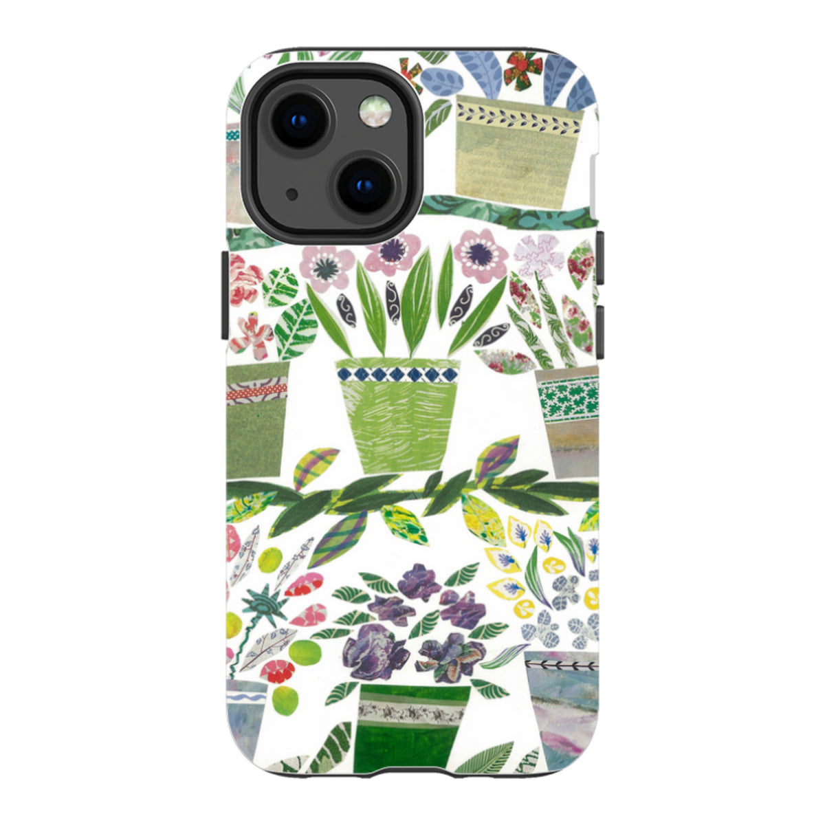 iPhone tough case featuring a colorful, artistic pattern of potted flowers and greenery on a white background.