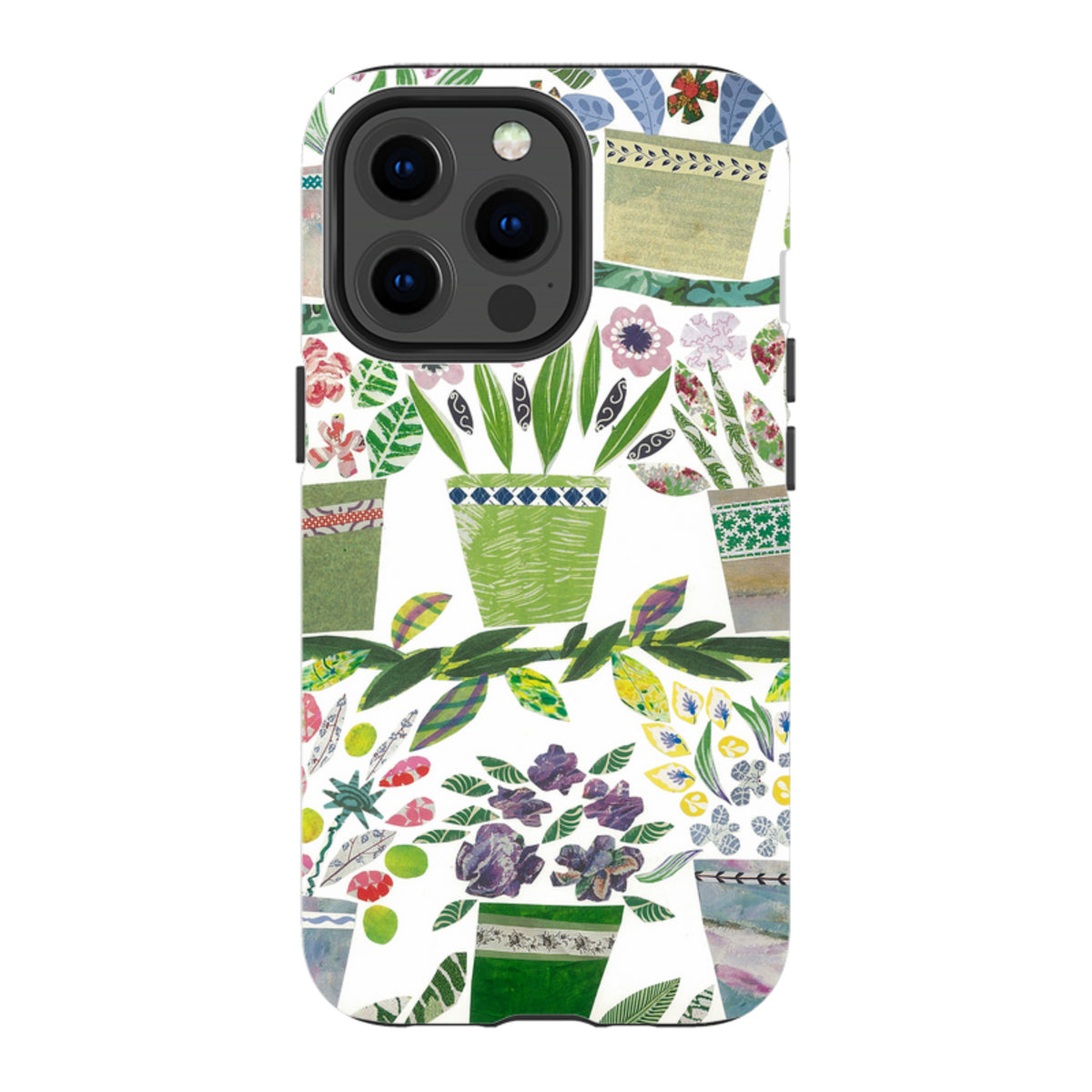 iPhone tough case featuring Jane Robbins' colorful flowerpot collage art with dual-layer protection and camera cutouts.