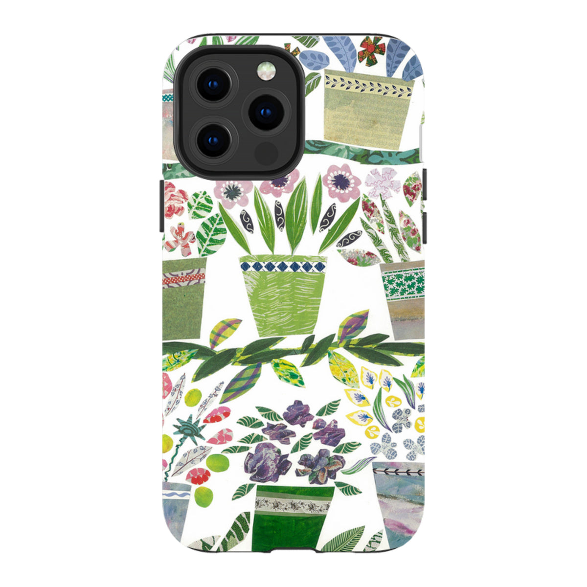 iPhone tough case featuring a vibrant, artistic collage of colorful flowerpots and plants on a white background.
