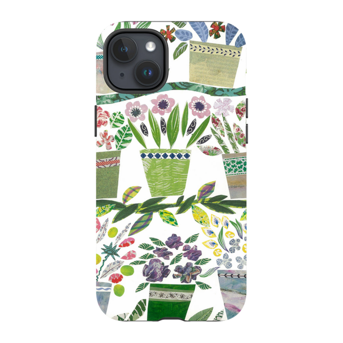 iPhone tough case featuring Jane Robbins' colorful flowerpot collage art with a durable dual-layer protective design.