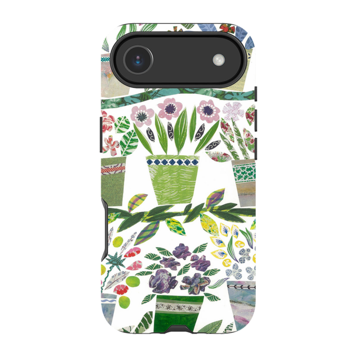 iPhone tough case featuring colorful Jane Robbins flowerpot artwork on a durable dual-layer protective shell.