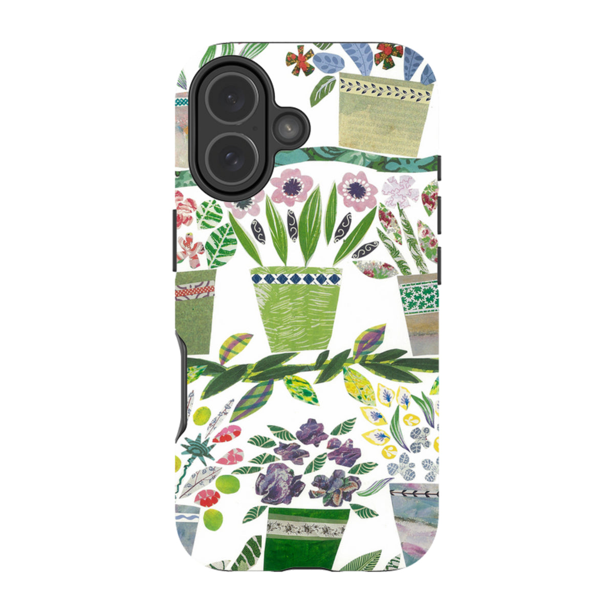 iPhone tough case featuring Jane Robbins' colorful flowerpot collage art with a durable dual-layer protective design.