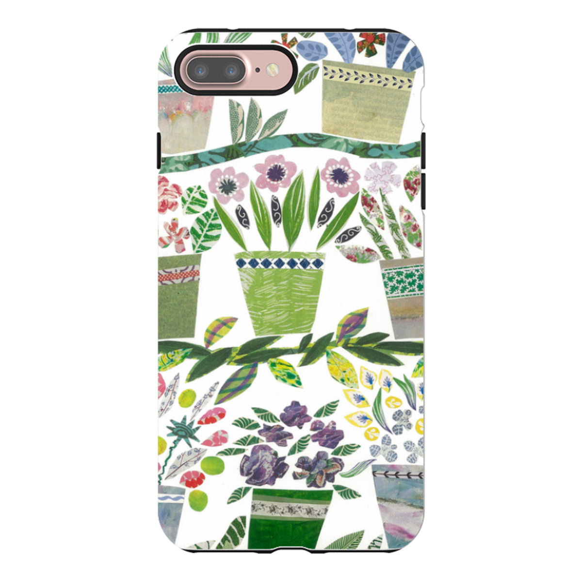iPhone tough case featuring a colorful floral pattern of potted plants by Jane Robbins on a durable dual-layer shell.