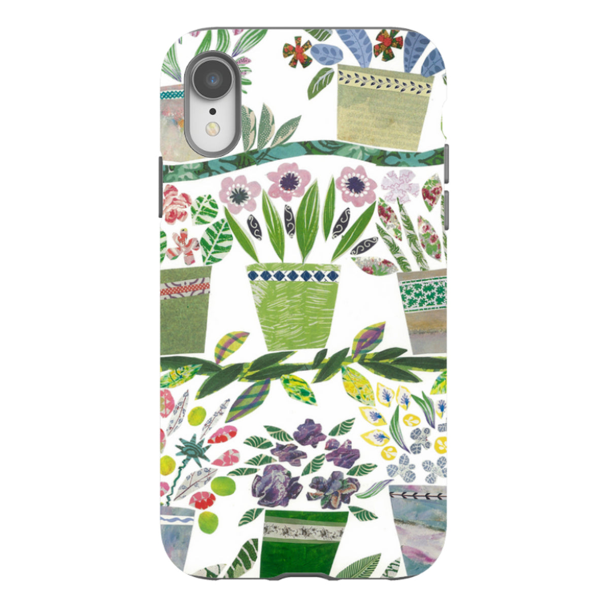 iPhone tough case featuring a white background with colorful, artistic flowerpot illustrations by Jane Robbins.