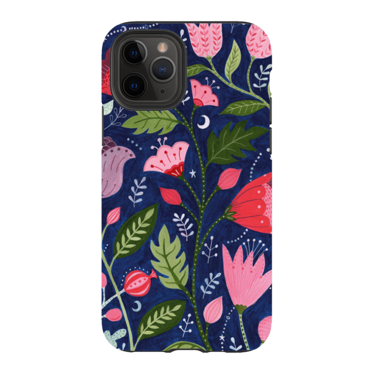 Dual-layer iPhone tough case featuring a vibrant blue floral pattern with pink flowers and green leaves by Bex Parkin.
