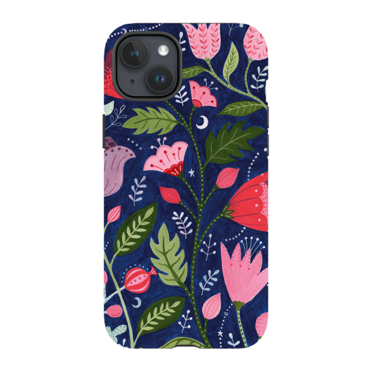 iPhone tough case featuring Bex Parkin’s floral art with pink flowers and green leaves on a deep blue background.