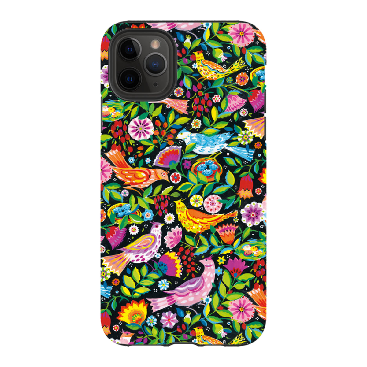 iPhone Tough Case featuring a vibrant Folk Birds floral pattern by Sarah Campbell on a black background.