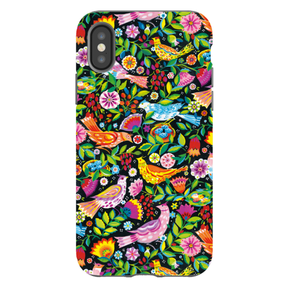 iPhone tough case with a vibrant Folk Birds floral pattern by Sarah Campbell on a black background with dual-layer protection.