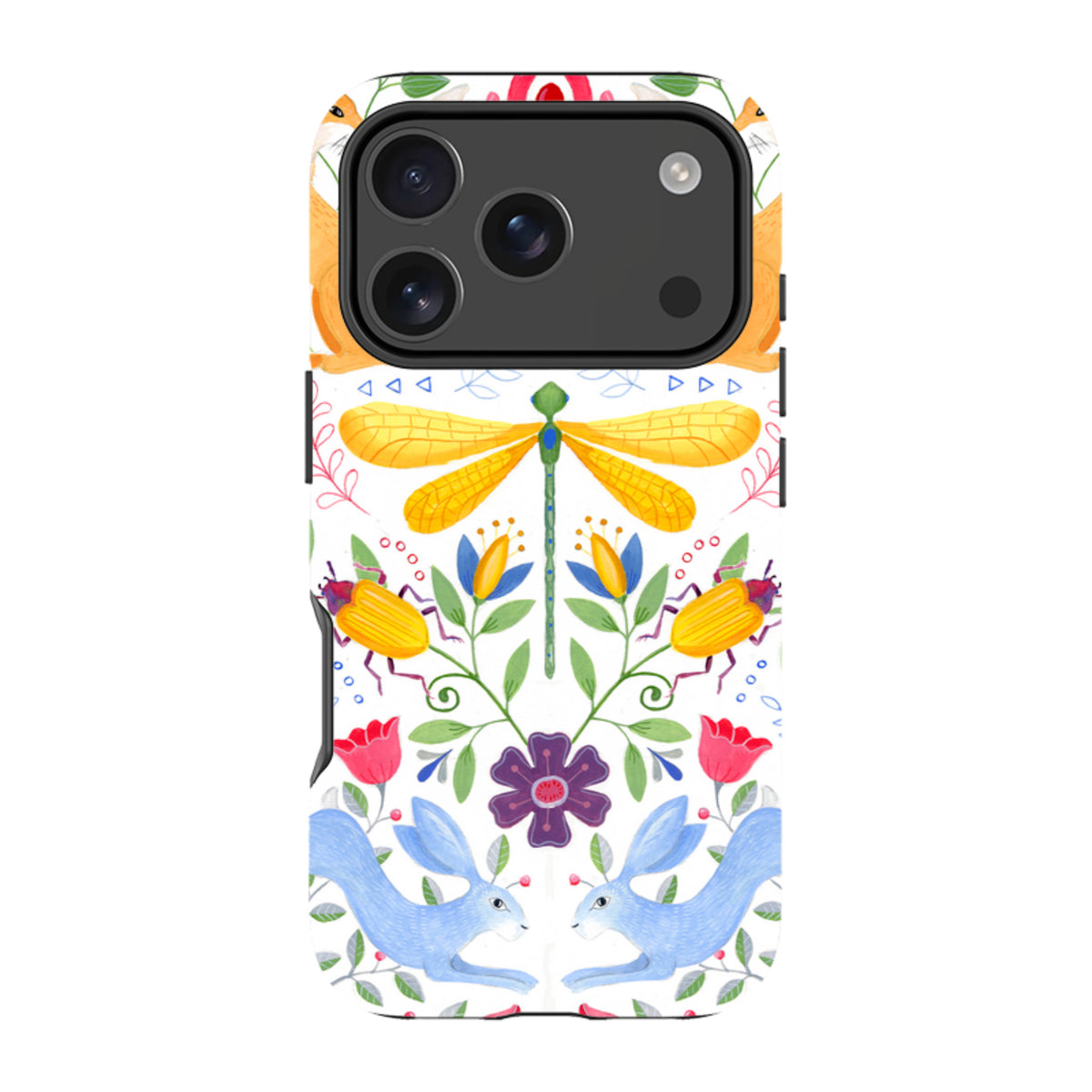 iPhone tough case featuring a colorful Folk Garden print with blue hares, yellow dragonflies, and floral motifs.